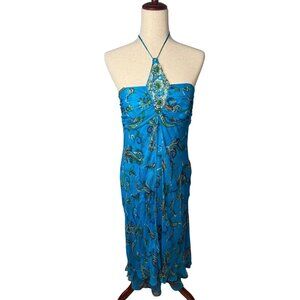 VTG Laundry Shelli Segal Silk Babydoll Halter 10 Maxi Dress Beads Asymmetric Y2K